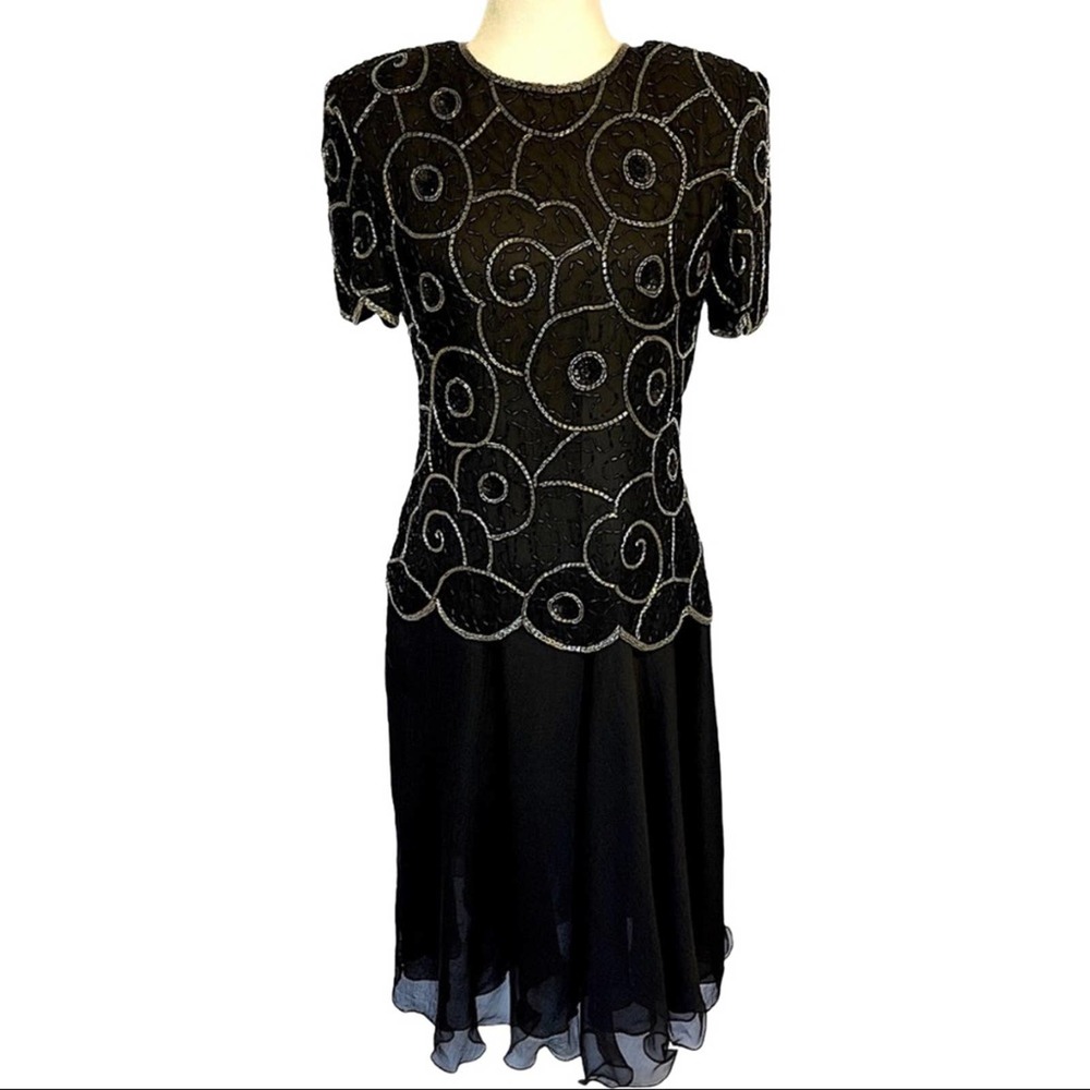 Adrianna Papell Short Sleeve Formal Dress Beaded Top Chiffon Skirt Size 6